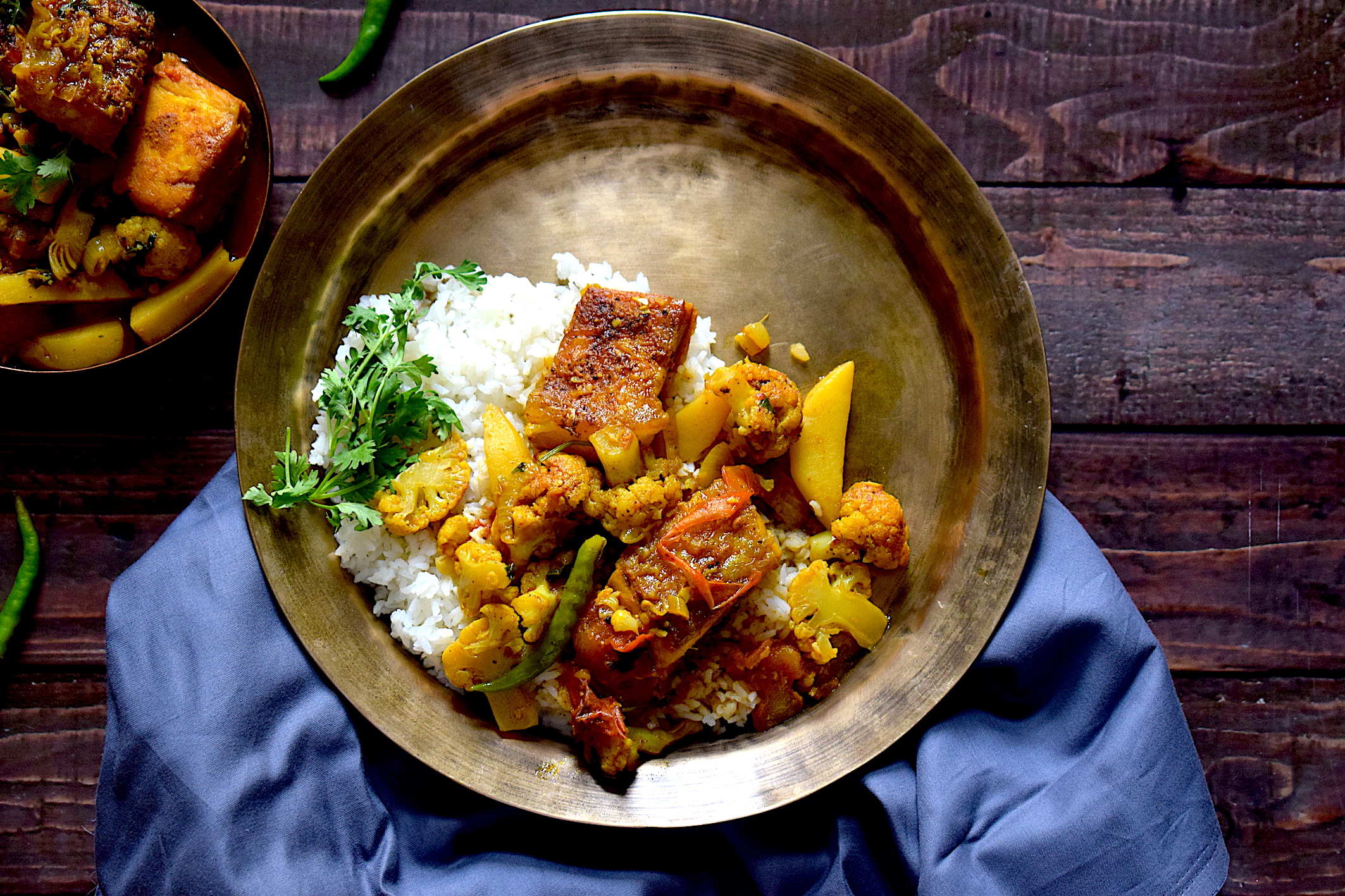 assamese fish curry with cauliflower and potatoes