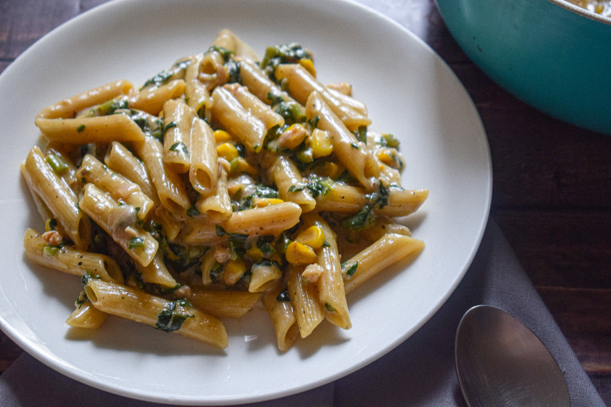 penne with spinach and corn